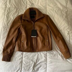 Andrew Marc Tan Leather Jacket with Ribbed Collar